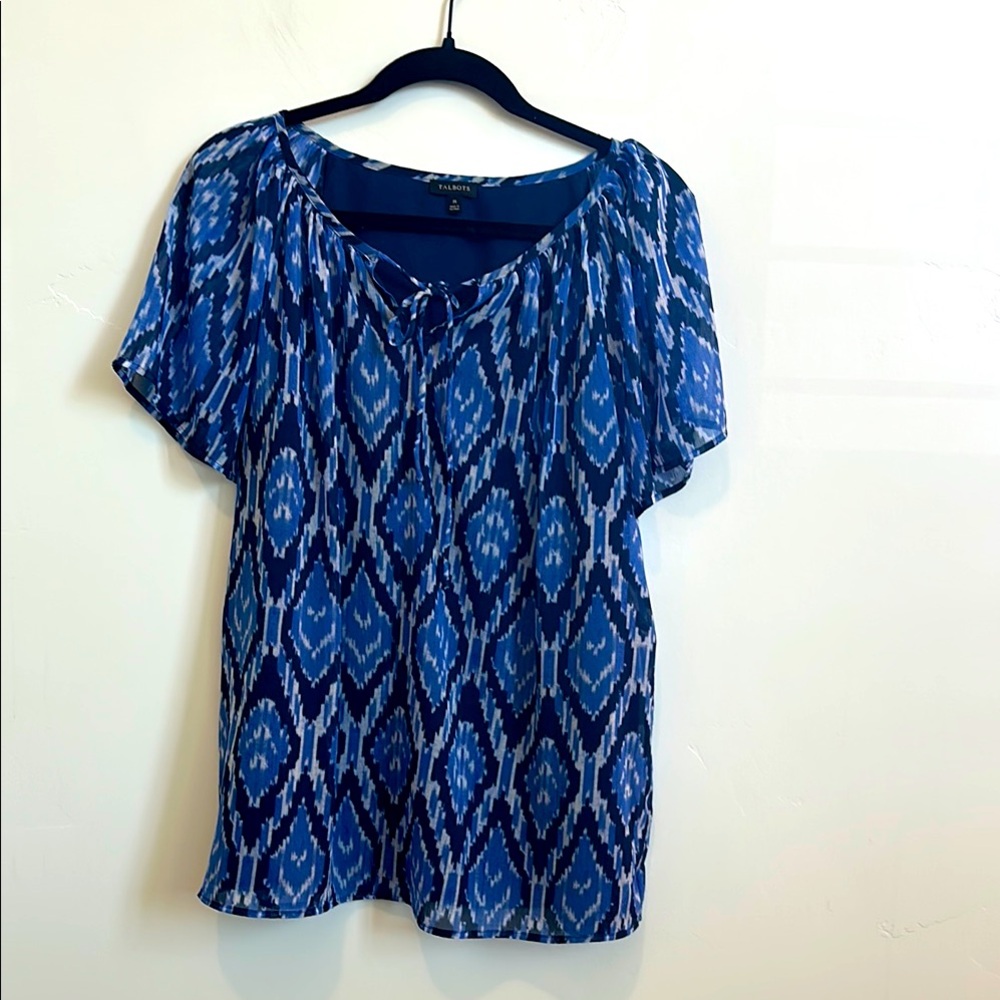Talbots Short Sleeve Blouse Blue Ikat Print, Sheer Overlay w/tank, Size Medium